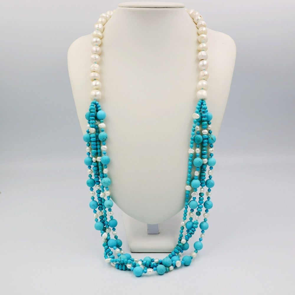 LiiJi Unique Fashion Necklace Turquoises Beads Heating Color&Freshwater Pearl Long Sweather Necklace 30''/76cm