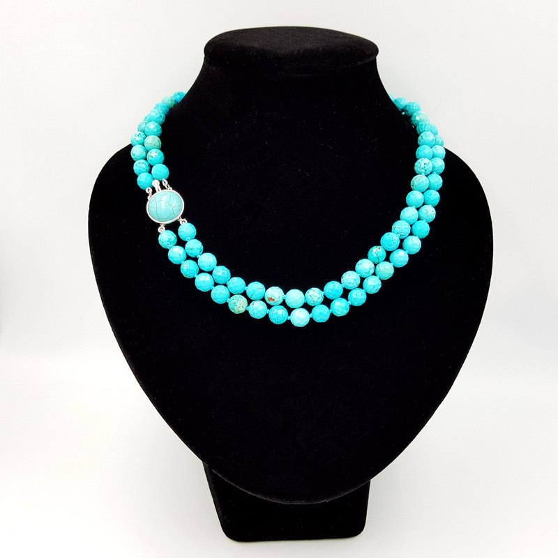 LiiJi Unique Natural Turquoises 8mm Faceted Beads double strand Turquoises Stone Clasp Fashion Necklace 18''