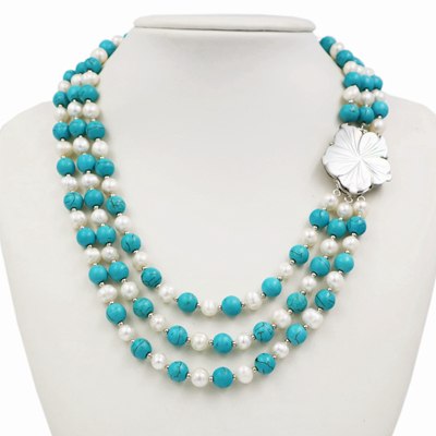 LiiJi Unique New Fashion Natural Freshwater Pearl 3 Rows 7-8mm White Pearl Blue Turquoises Necklace Shell Flower Clasp 18''/45cm