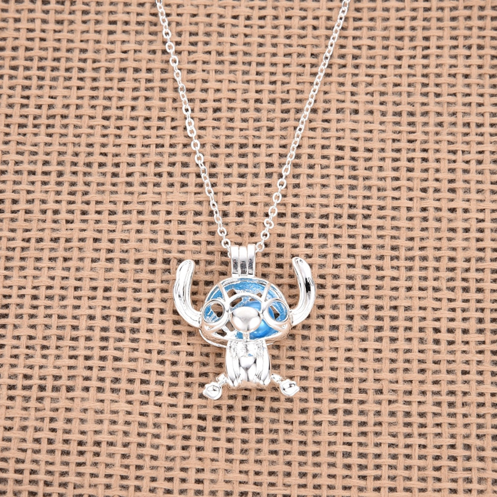 Lilo and Stitch Pearl Cage Necklace Hollowe out Pearl Pendant 3D Stitch Anime Jewelry Christmas Gift for Women/Kids