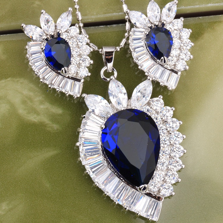 LImited-Crown-Pear-Blue-Sapphire-White-Topaz-925-Sterling-Silver-Overlay-Earrings-Pendant-Necklace-Fashion-Jewelry