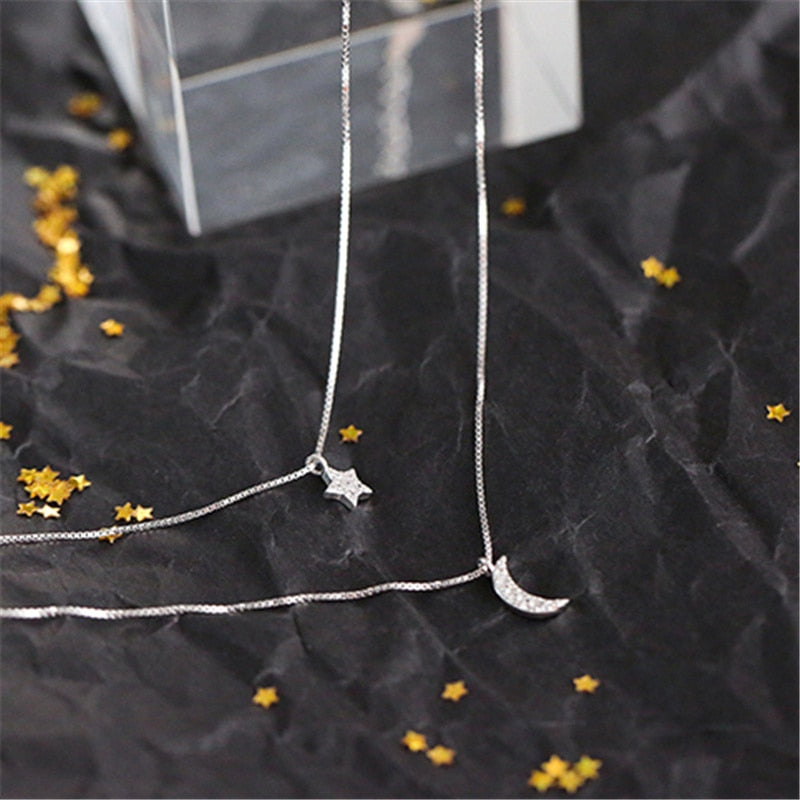 Limited-Fashion-Silver-Star-Moon-Necklaces-Pendants-Two-Layer-Chain-Choker-Necklace-Collar-Women-Statement-Jewelry
