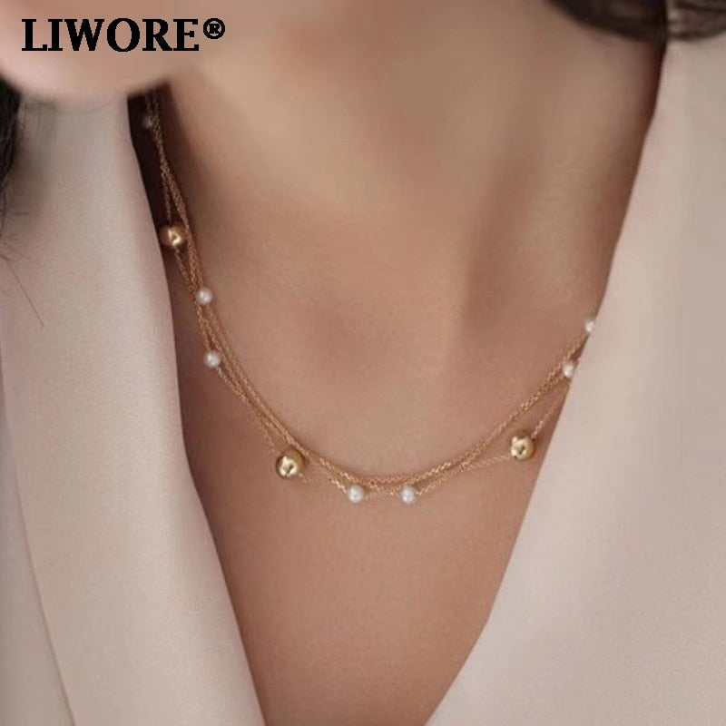 Liwore  Pearl Chain Necklace For Women  Multilayer Golden Beaded Necklace 2021 Trend Jewelry
