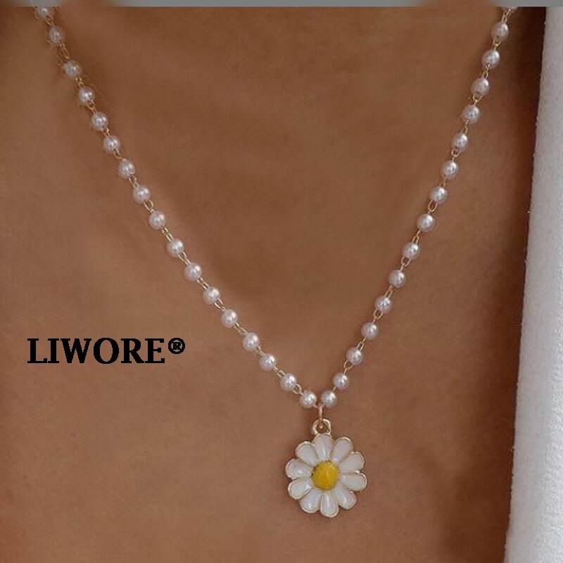 Liwore Small Chrysanthemum Pearl Necklace For Women White Daisy Chain Necklace Women Choker Necklace Jewelry
