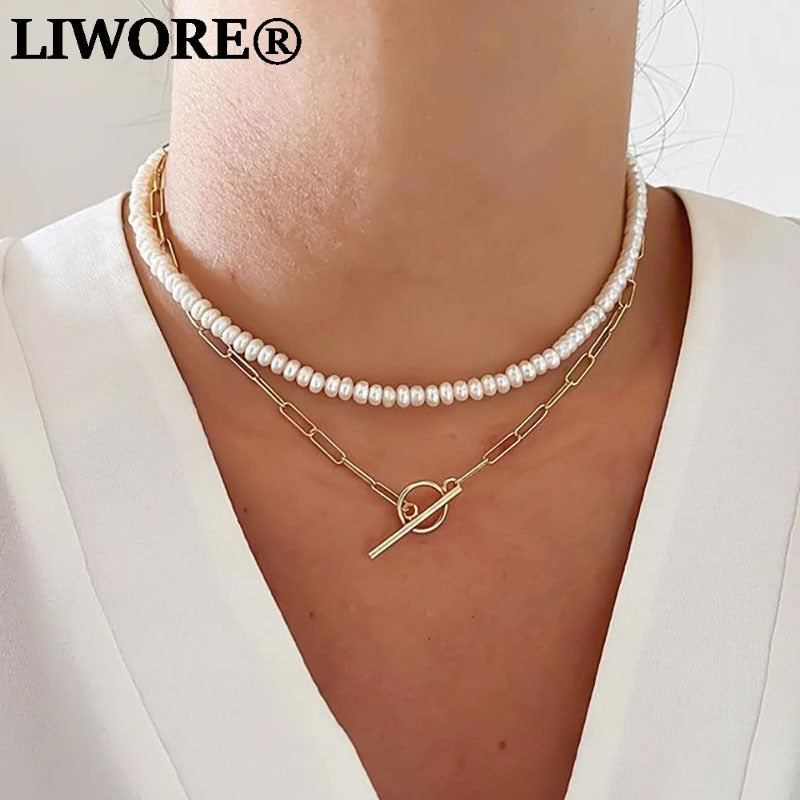 Liwore White Pearl Chain Necklace For Women Girl Multilayer Clavicle Chain Necklace Collier De Perles 2021 Jewelry