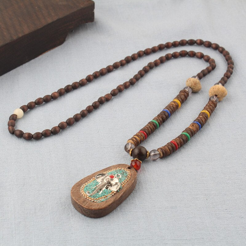 Lodisney Buddha Toem Necklace Vintage Ethnic Elephant Necklace Coconut Shell Beads Necklace Wood Beads Necklace Jewelry
