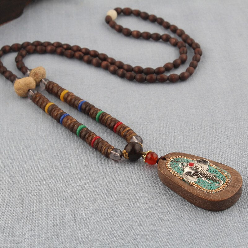 Lodisney Buddha Toem Necklace Vintage Ethnic Elephant Necklace Coconut Shell Beads Necklace Wood Beads Necklace Jewelry