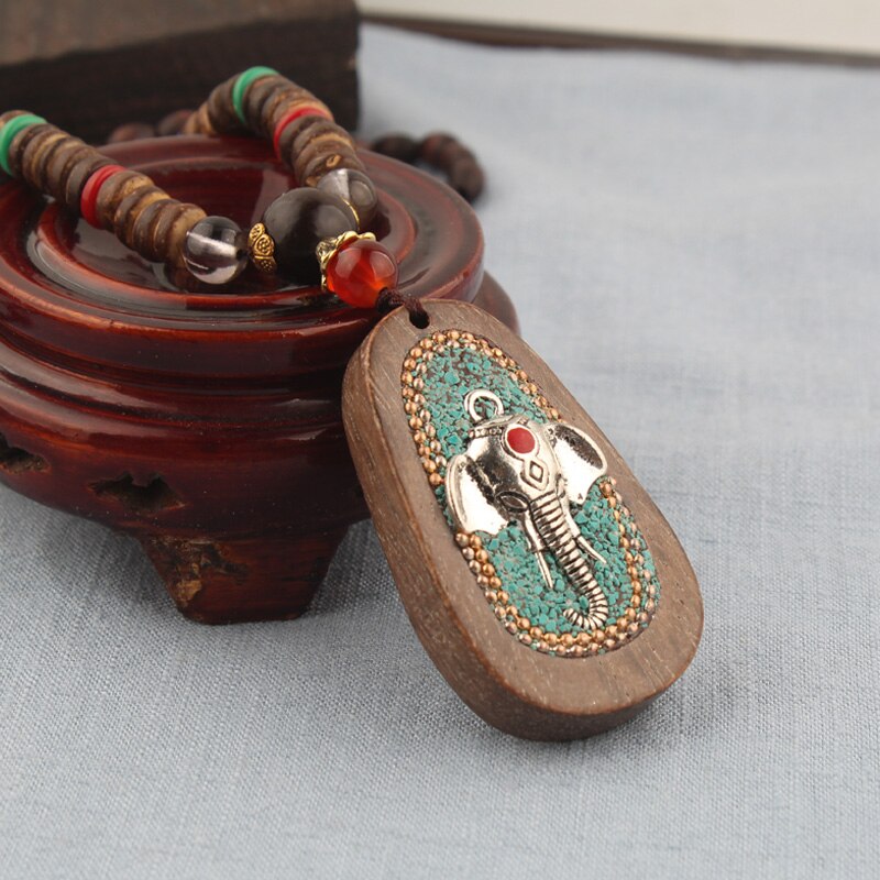 Lodisney Buddha Toem Necklace Vintage Ethnic Elephant Necklace Coconut Shell Beads Necklace Wood Beads Necklace Jewelry