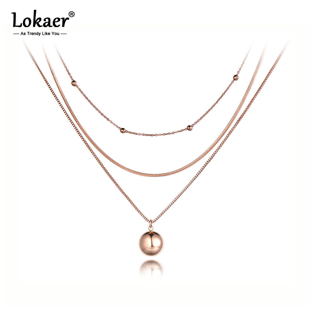 Lokaer Bohemia Titanium Stainless Steel Three-layer Round Ball Choker Necklaces Jewelry Pendant Chain Necklace For Women N19081