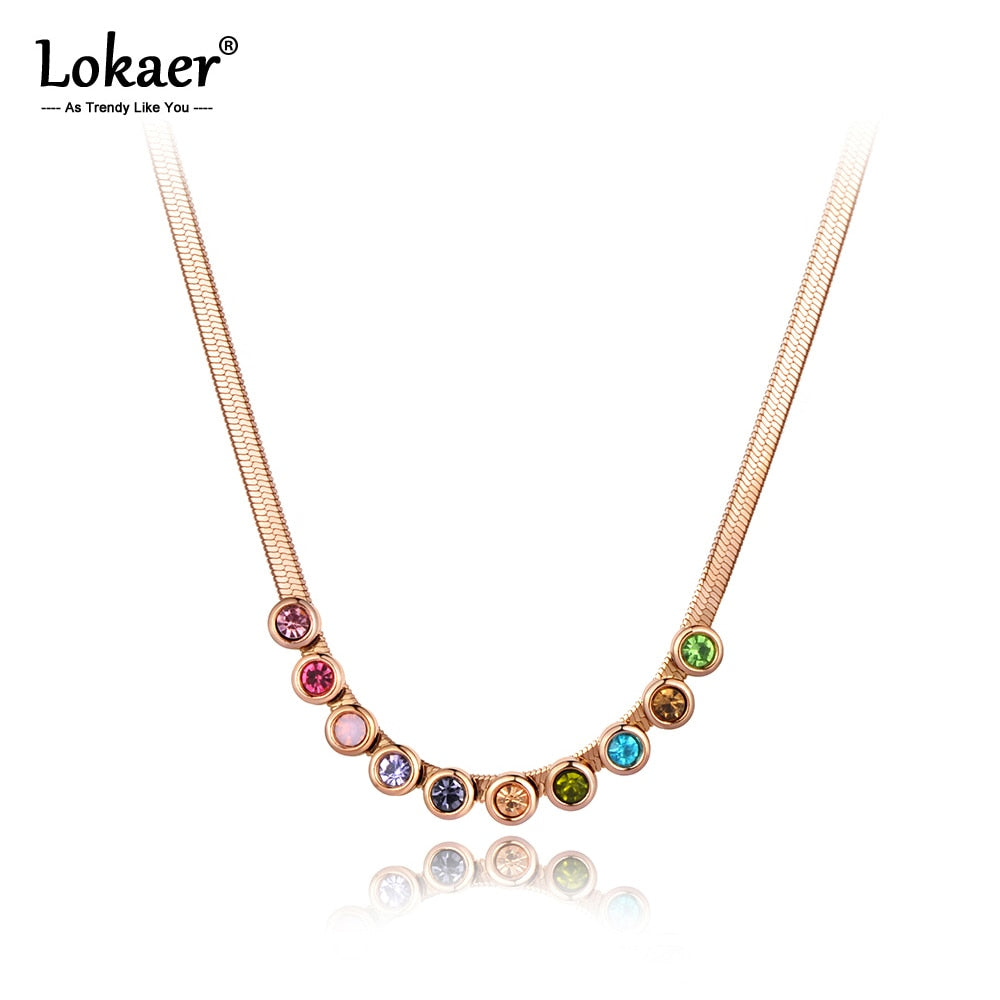 Lokaer Bohemia Stainless Steel Colorful CZ Crystal Choker Necklace Beach Jewelry Pendant Chain Necklace For Women N20222