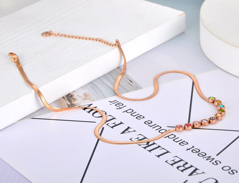 Lokaer Bohemia Stainless Steel Colorful CZ Crystal Choker Necklace Beach Jewelry Pendant Chain Necklace For Women N20222