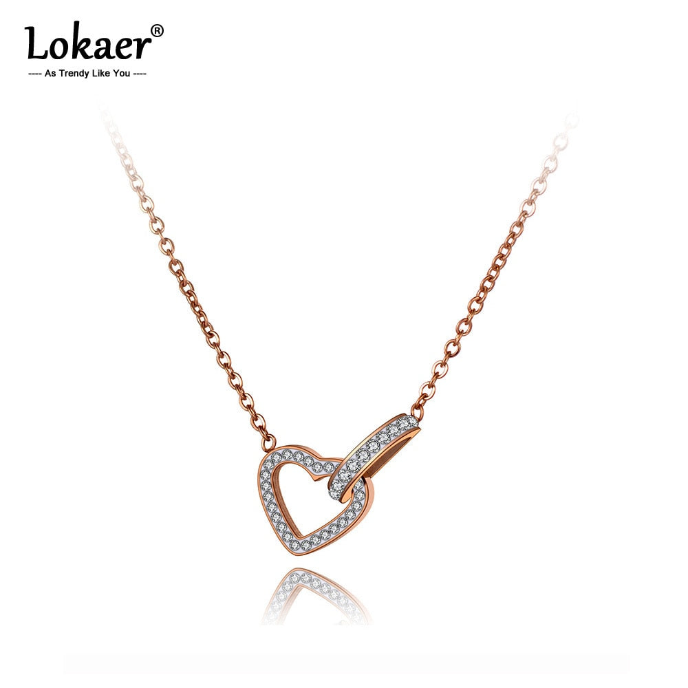 Lokaer Original Design Titanium Stainless Steel Heart Choker Necklaces Romantic Rhinestone Pendant Necklace For Women N20015
