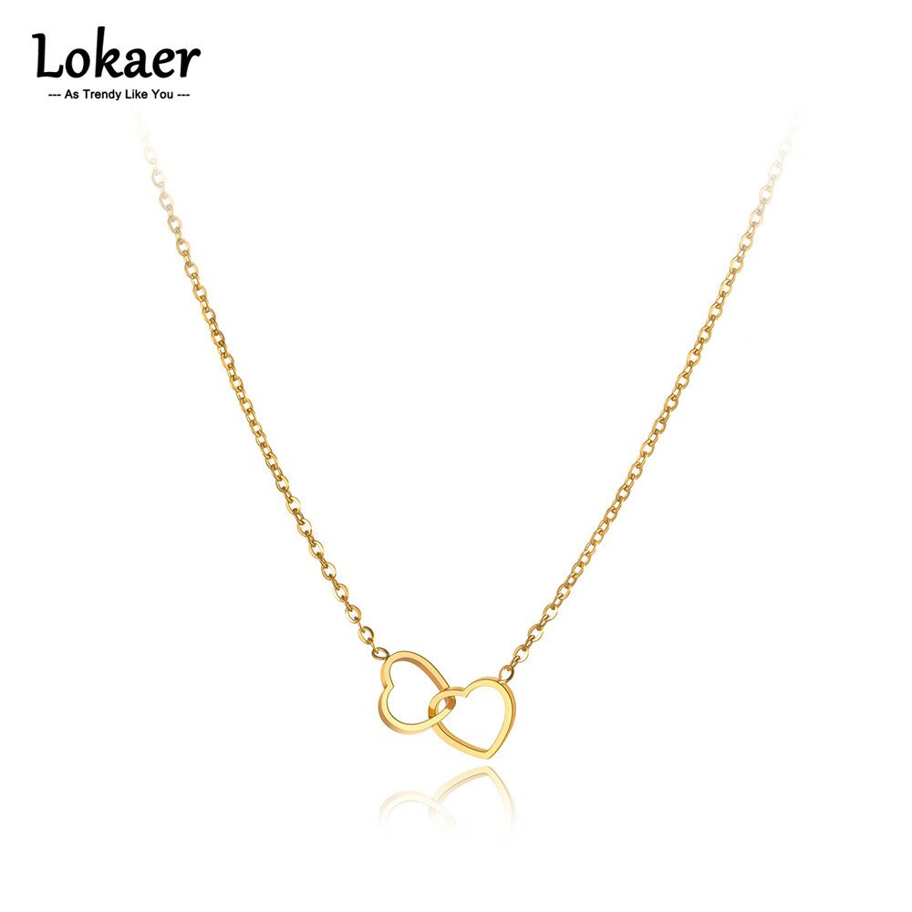 Lokaer Romantic Titanium Stainless Steel Double Heart Choker Necklaces Jewelry Chain Pendant Necklace For Women N21143