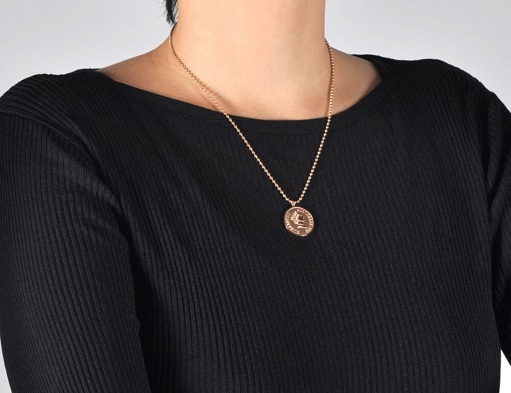 Lokaer Rose Gold Color Round Coin Pendant Necklace for Women Simple Portrait Charm Necklace Dainty Gifts N18236