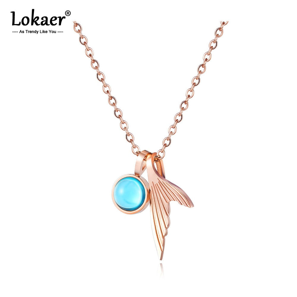 Lokaer Stainless Steel Blue Crystal Fishtail Pendant Necklaces Rose Gold Charm Choker Necklace For Women Girls N17089