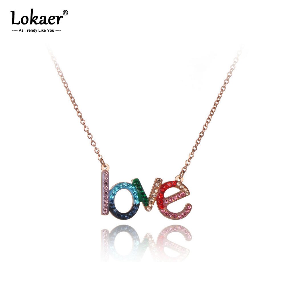Lokaer Titanium Stainless Steel Colorful CZ Crystal LOVE Choker Necklaces For Women Girls Trendy Charm Pendant Necklace N19185