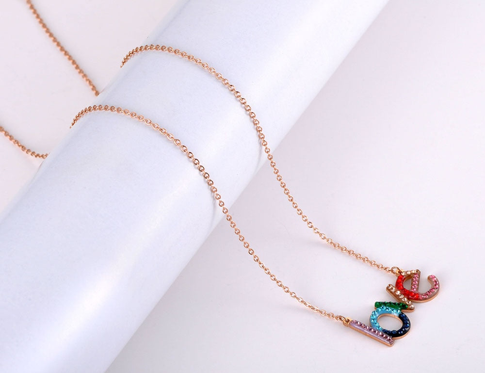 Lokaer Titanium Stainless Steel Colorful CZ Crystal LOVE Choker Necklaces For Women Girls Trendy Charm Pendant Necklace N19185