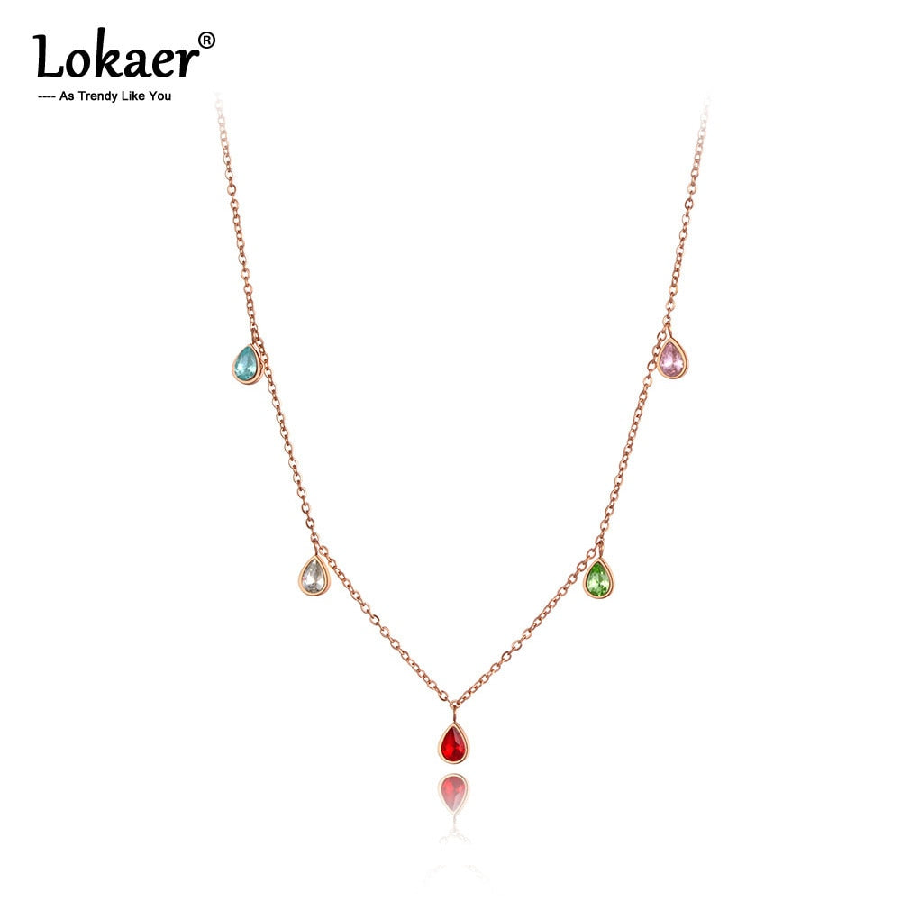 Lokaer Titanium Stainless Steel Colorful Water Drop CZ Crystal Choker Necklaces For Women Girls Bohemia Pendant Necklace N19181
