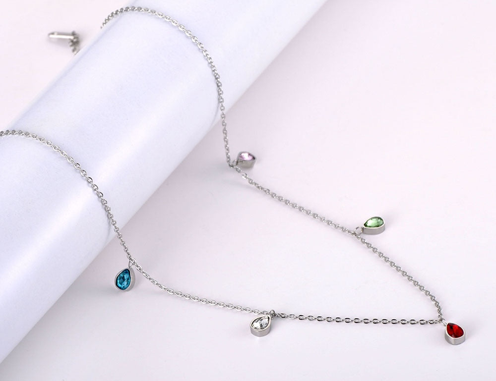 Lokaer Titanium Stainless Steel Colorful Water Drop CZ Crystal Choker Necklaces For Women Girls Bohemia Pendant Necklace N19181