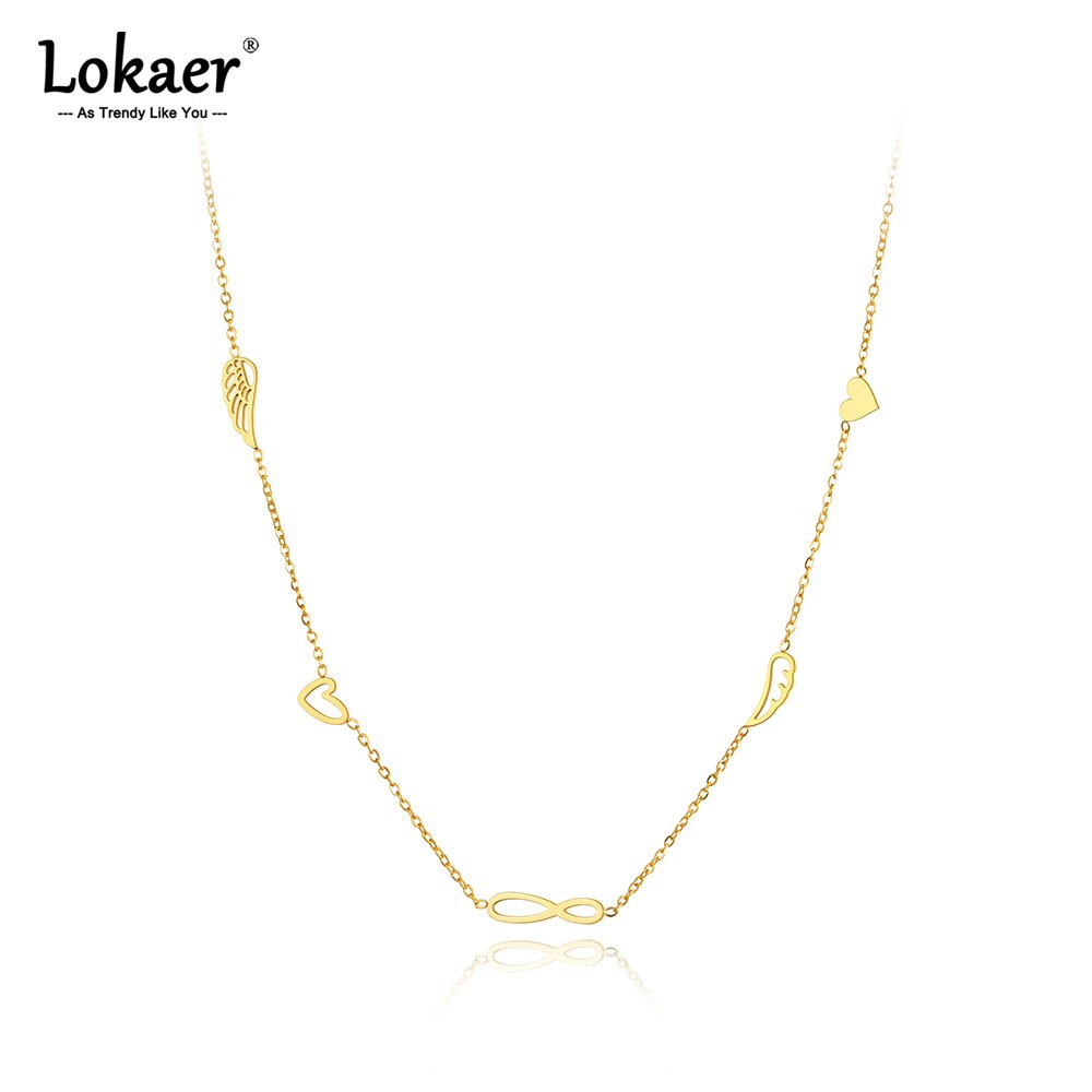 Lokaer Titanium Stainless Steel Forever & Heart & Wings Charm Pendant Necklace Jewelry Bohemia Necklace For Women N21134