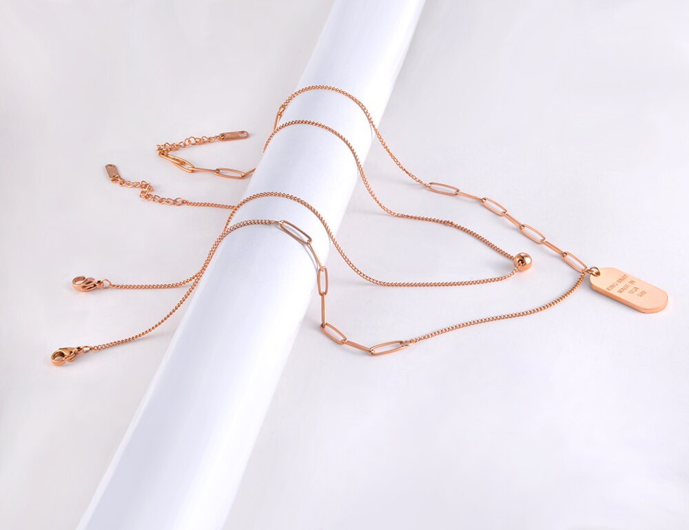 Lokaer Trendy Bohemia Stainless Steel Double Chain Oval Tag Choker Necklace Hiphop/Rock Jewelry For Women Collier Femme N21067