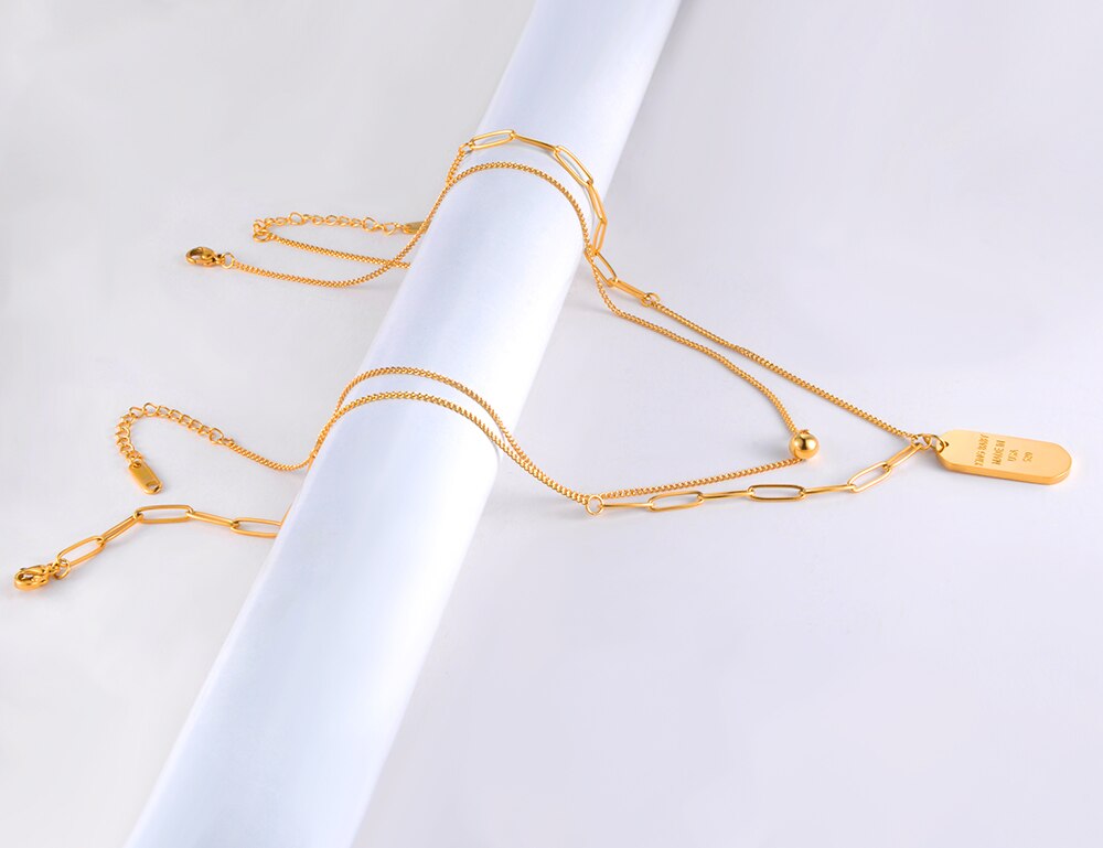 Lokaer Trendy Bohemia Stainless Steel Double Chain Oval Tag Choker Necklace Hiphop/Rock Jewelry For Women Collier Femme N21067