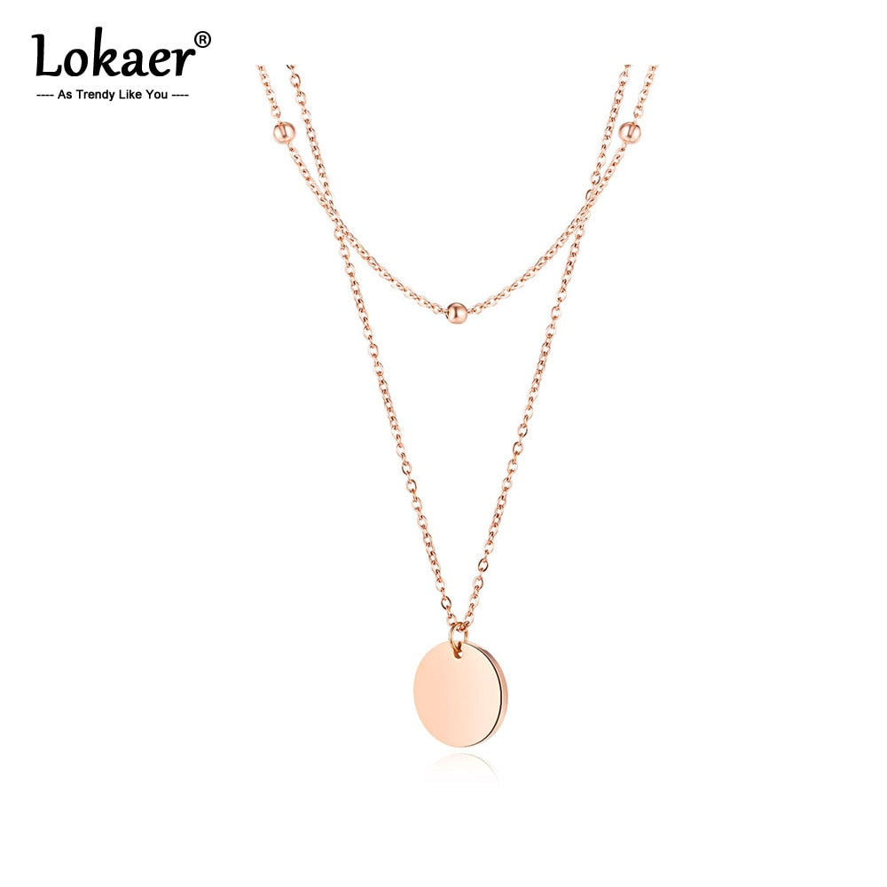 Lokaer Trendy Stainless Steel Double-layer Small Round Bead Chain Glossy Round Pendant Clavicle Necklace For Women Girls N17092
