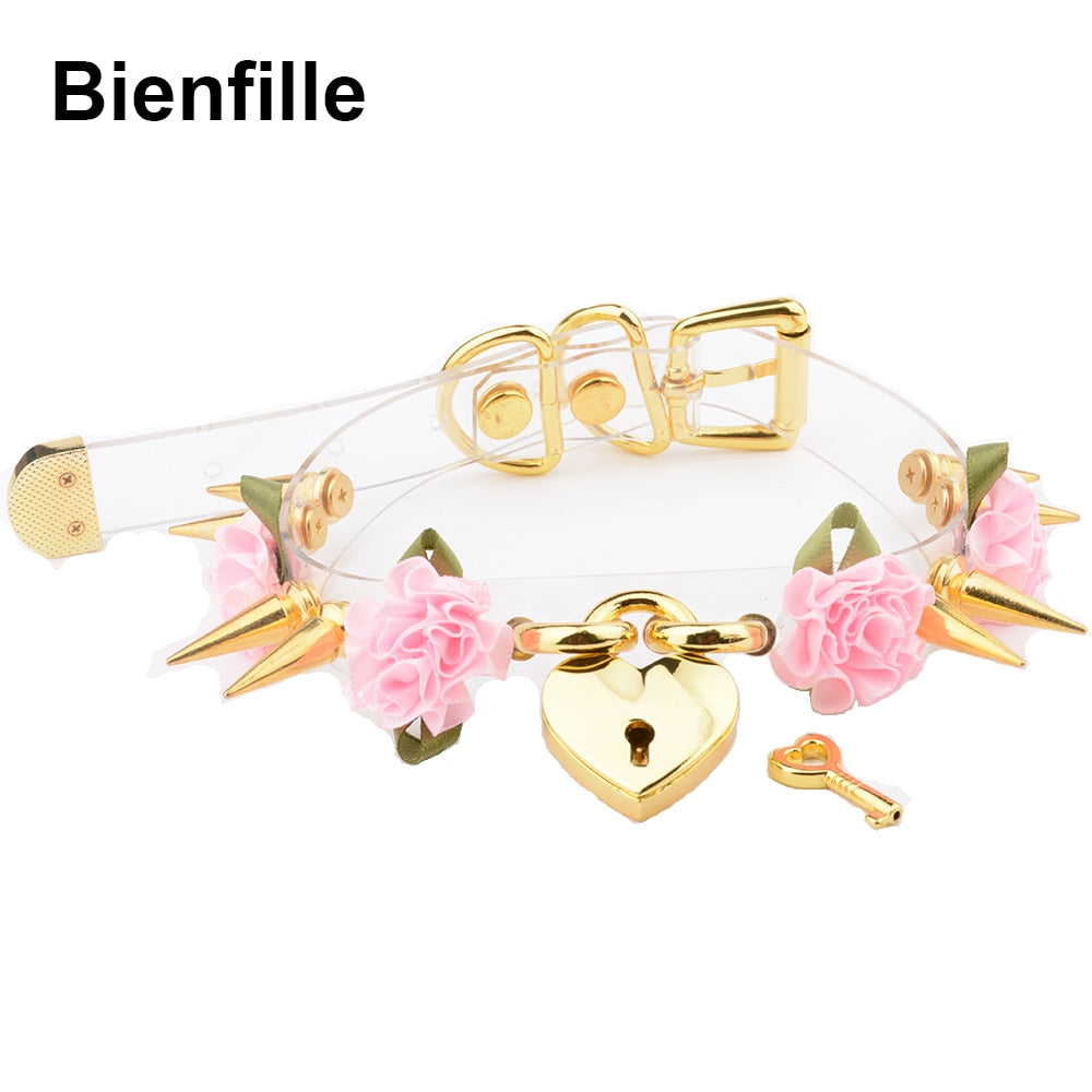Lolita Cute Girl 100% Hand Crafted  Gold Spiked Lock Heart Collar With Key Rose Flowers Spikes Choker Transparent Necklace