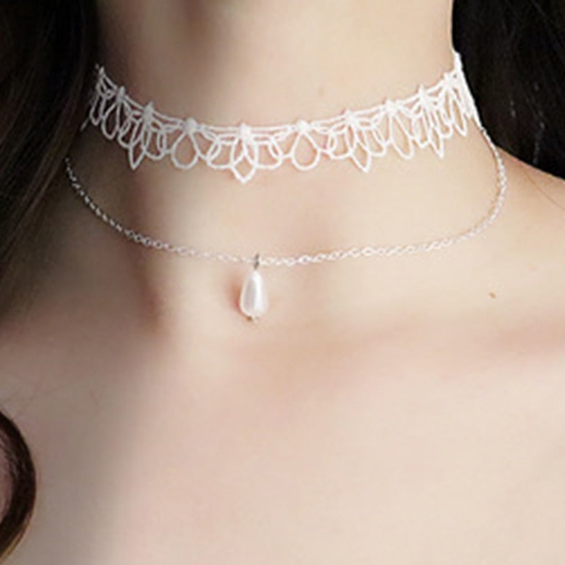 Lolita Sweet Princess Style White Lace Neck Choker Necklace Women Internet Celebrity Anchor Cosplay Collar Necklaces Jewelry Hot