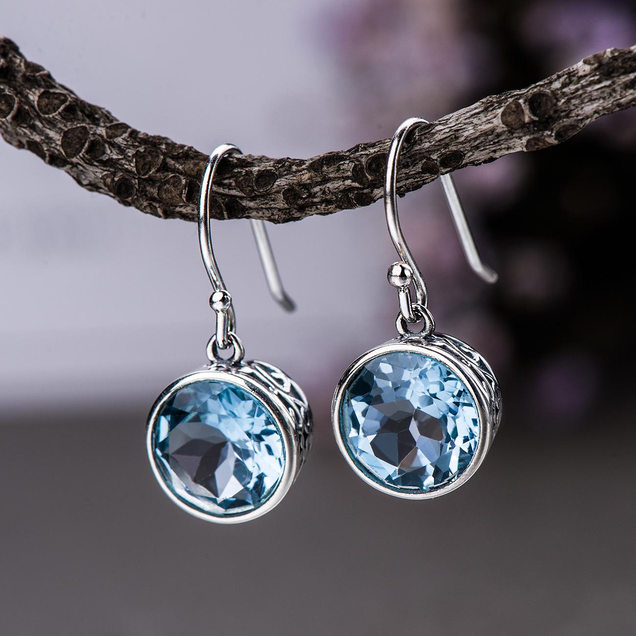 London Topaz Earrings Blue Natural Gemstone Drop Earrings For Women Simple Hook 925 Sterling Silver Hollow Design Round Shape