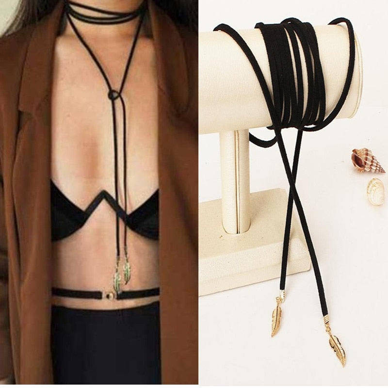 Long Black Leather Leaf Choker Necklace Women Accessories For Female Gold Silver Color X198