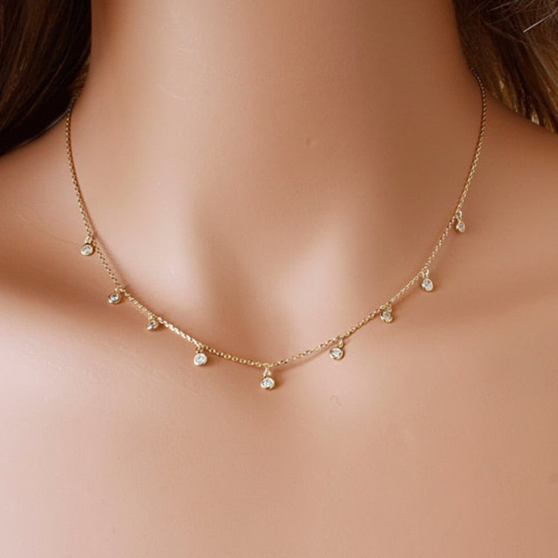 Long C Necklace, Dangling Simulated Diamonds by the Yard, Bezel C station necklace