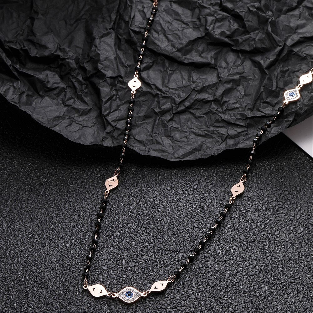Long Crystal Evil Eye Charms Beaded Necklace For Women Exquisite Gold Silver Color Sweater Necklace Seaside Jewelry Gift