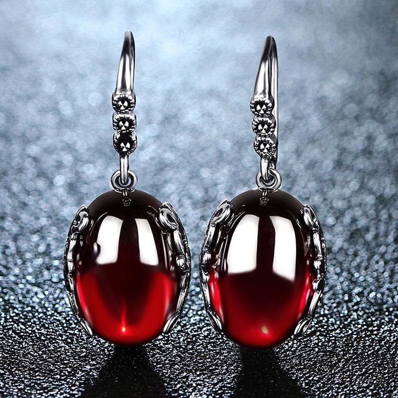 Long Drop Earrings Natrual Red Garnet 925 Sterling Silver Earring Vintage Fine Jewelry S925 Precious Stones Retro Ethnic Women