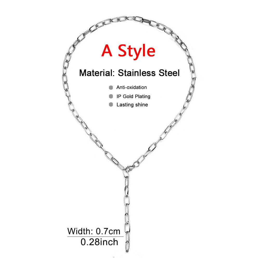 Long Lasso Design Stainless Steel Thick Parper Clip Chain Necklaces For Women Men Gold Color Square Necklace Chain Choker