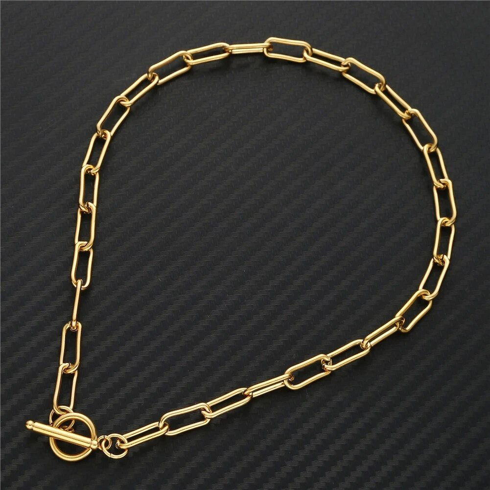Long Lasso Design Stainless Steel Thick Parper Clip Chain Necklaces For Women Men Gold Color Square Necklace Chain Choker