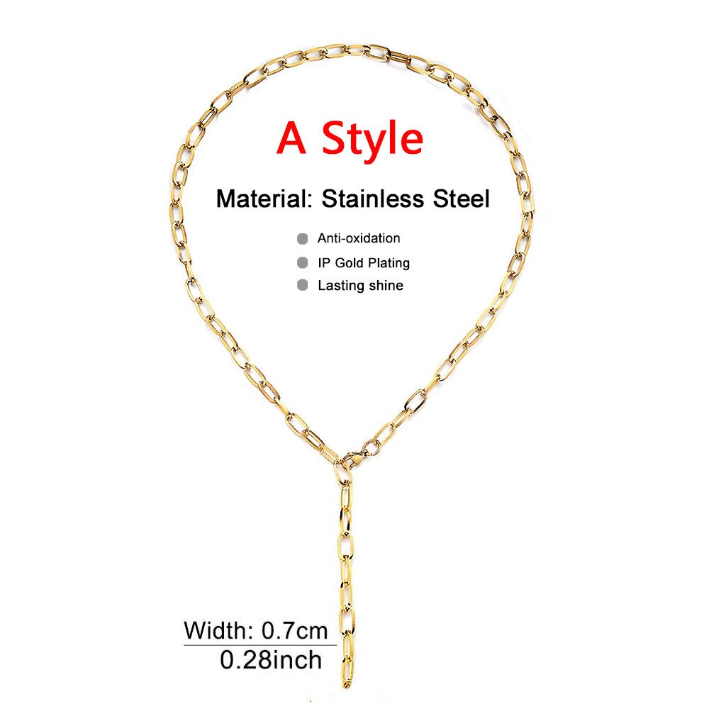 Long Lasso Design Stainless Steel Thick Parper Clip Chain Necklaces For Women Men Gold Color Square Necklace Chain Choker