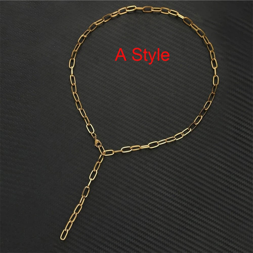 Long Lasso Design Stainless Steel Thick Parper Clip Chain Necklaces For Women Men Gold Color Square Necklace Chain Choker