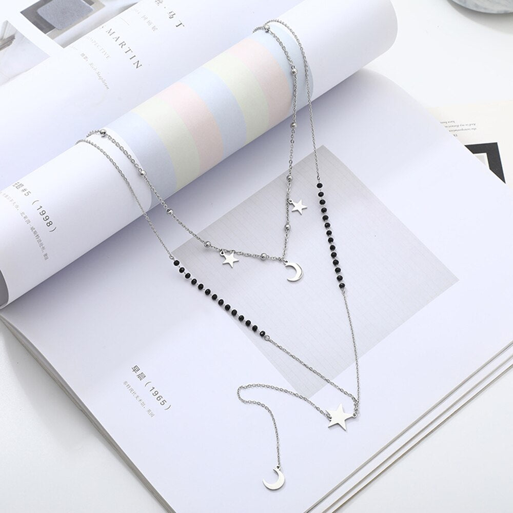 Long Link Chain Stainless Steel Necklace For Woman Silver Color Moon Star Leaf Love Heart Pendant Black Beads Necklace Jewelry