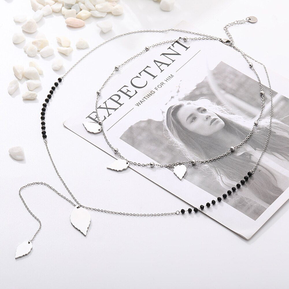 Long Link Chain Stainless Steel Necklace For Woman Silver Color Moon Star Leaf Love Heart Pendant Black Beads Necklace Jewelry