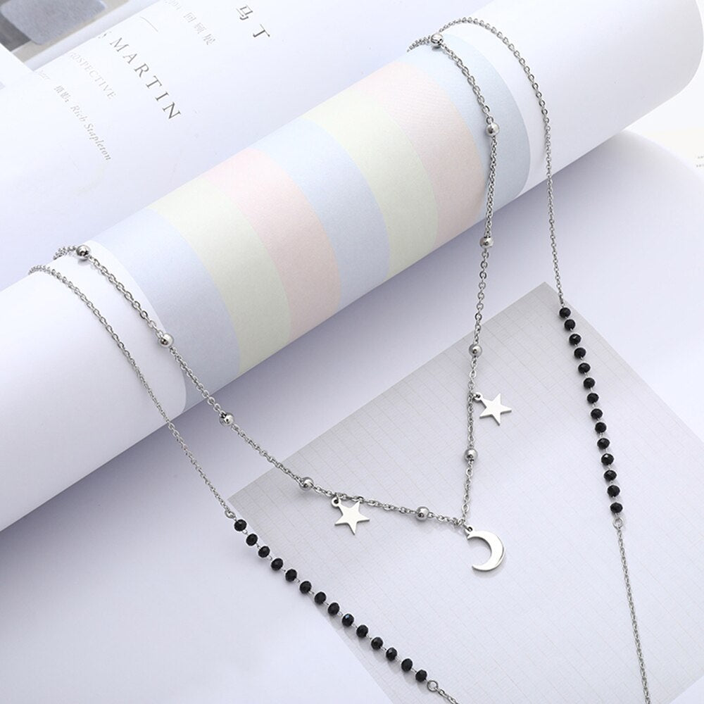 Long Link Chain Stainless Steel Necklace For Woman Silver Color Moon Star Leaf Love Heart Pendant Black Beads Necklace Jewelry