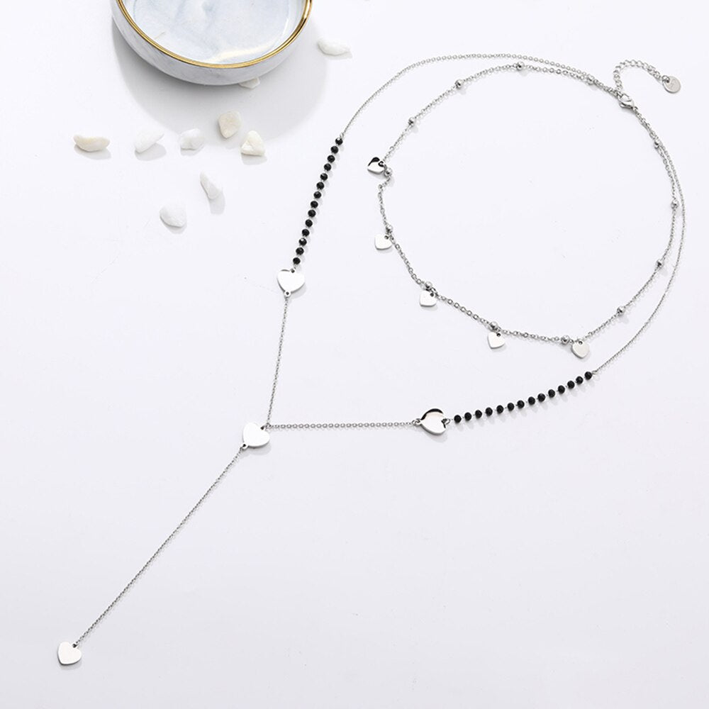 Long Link Chain Stainless Steel Necklace For Woman Silver Color Moon Star Leaf Love Heart Pendant Black Beads Necklace Jewelry