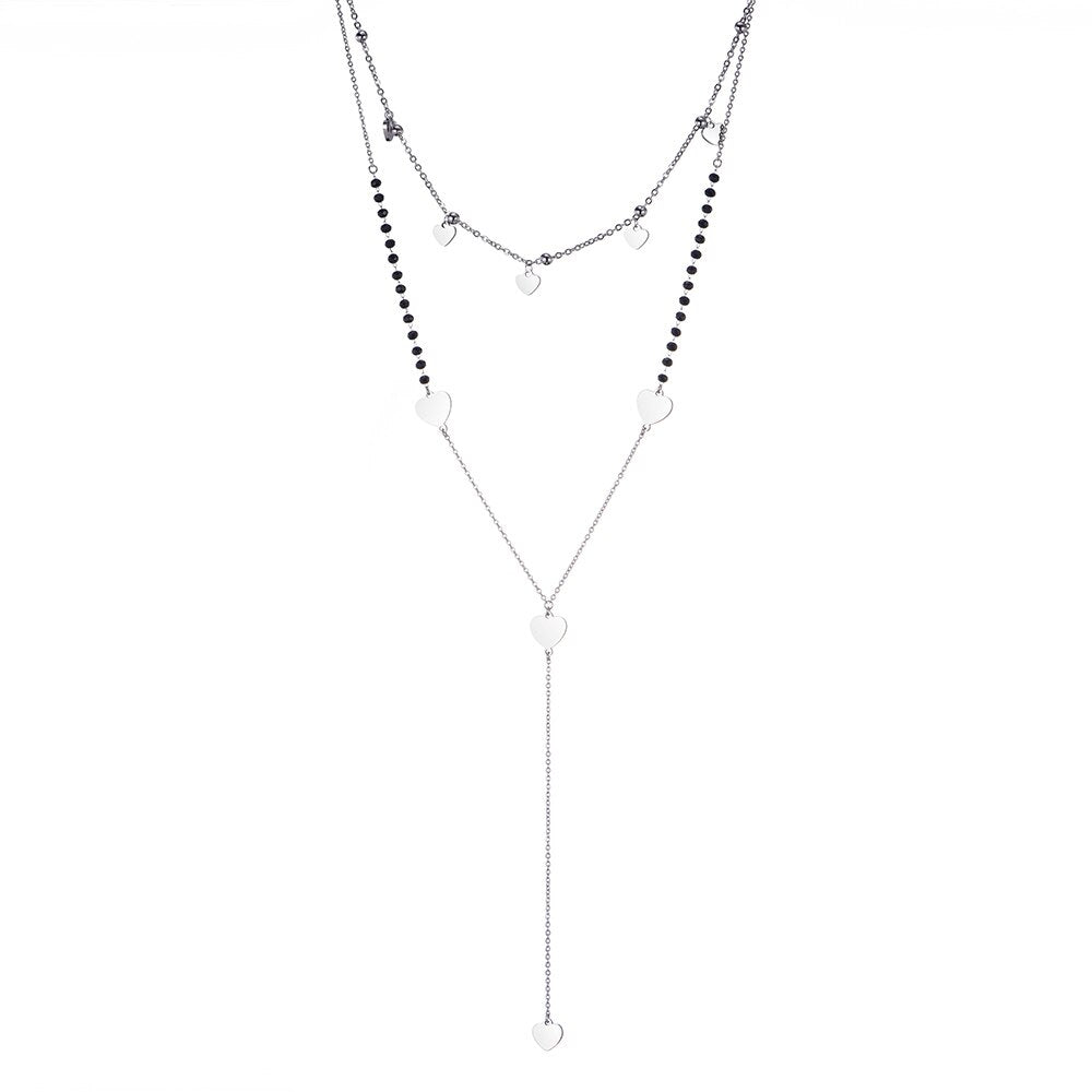Long Link Chain Stainless Steel Necklace For Woman Silver Color Moon Star Leaf Love Heart Pendant Black Beads Necklace Jewelry