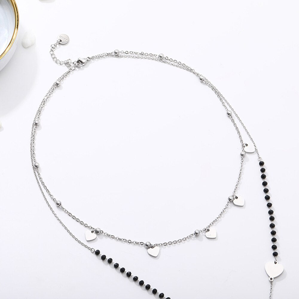 Long Link Chain Stainless Steel Necklace For Woman Silver Color Moon Star Leaf Love Heart Pendant Black Beads Necklace Jewelry