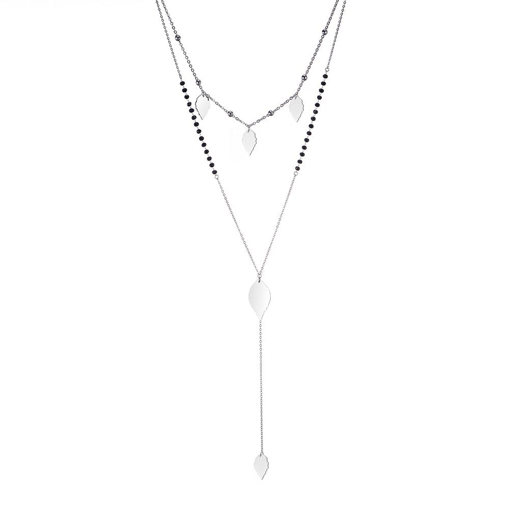 Long Link Chain Stainless Steel Necklace For Woman Silver Color Moon Star Leaf Love Heart Pendant Black Beads Necklace Jewelry