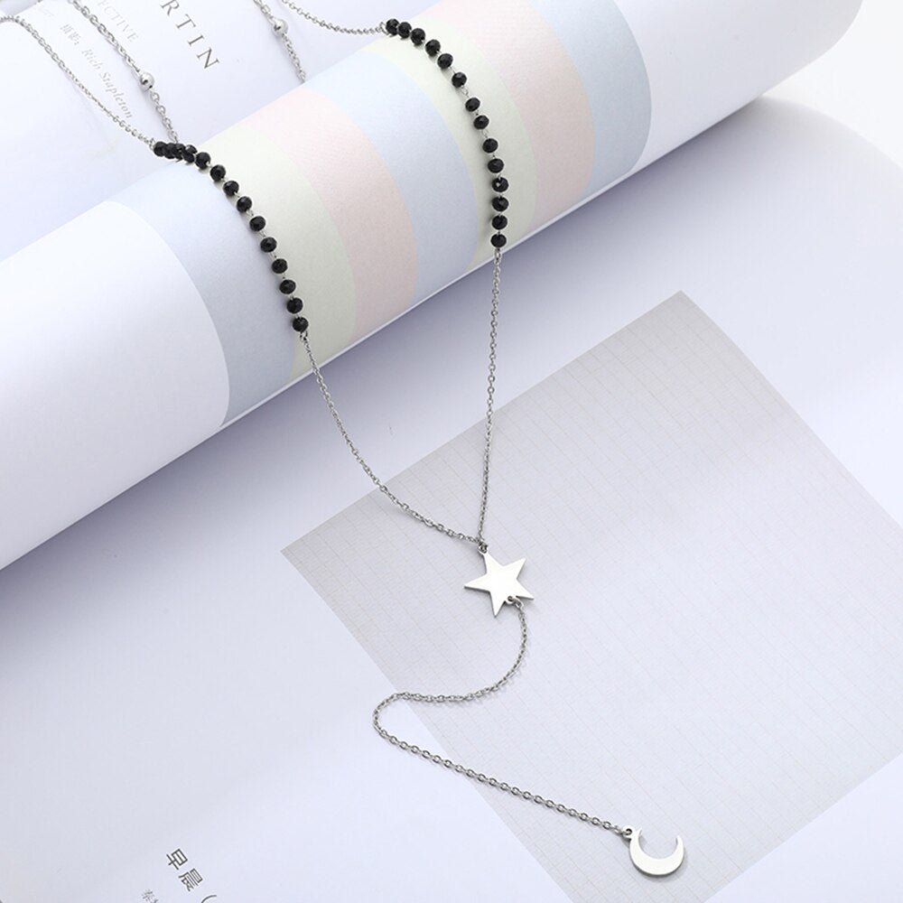 Long Link Chain Stainless Steel Necklace For Woman Silver Color Moon Star Leaf Love Heart Pendant Black Beads Necklace Jewelry