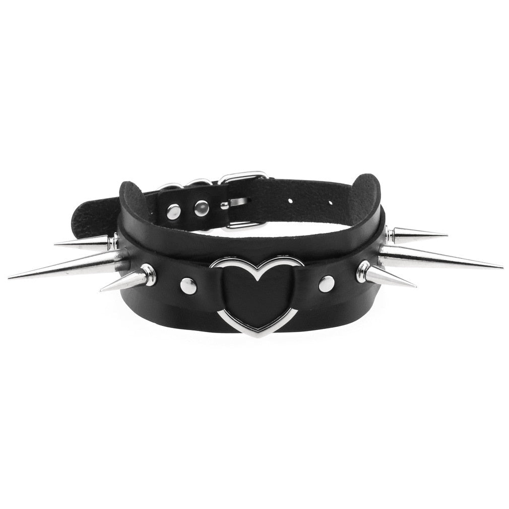 Long Spike Choker Goth Punk Faux Leather Collar For Women Men Cool Big Rivets Heart Chocker Necklaces Emo Halloween Cosplay Gift