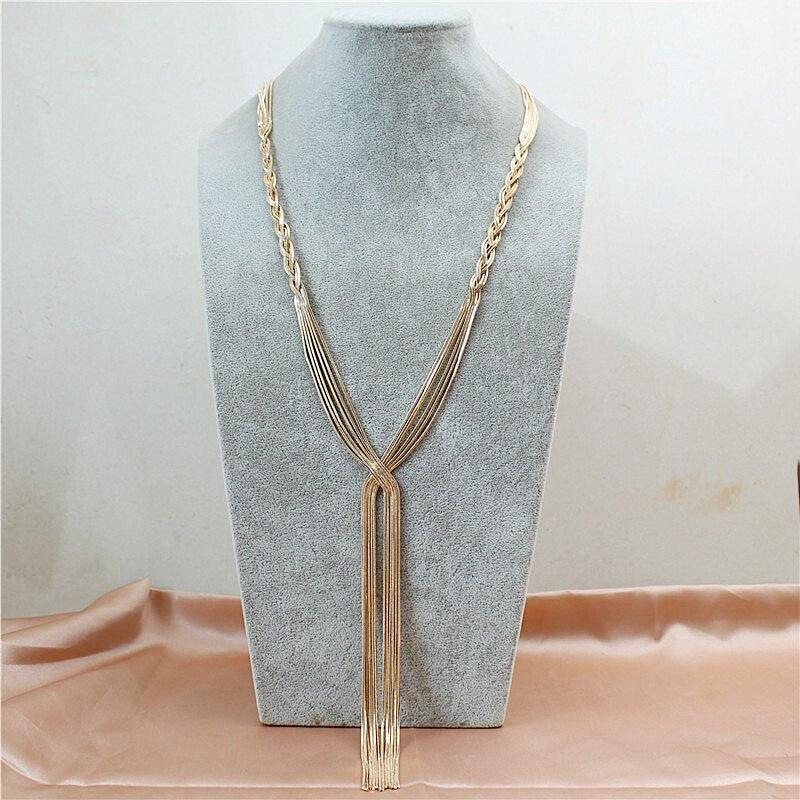 Long Statement Twisted Y Shape Gold Tassel Necklace for Women Female Wedding Daily Pendant Necklace Sweater Jewelry Accessories