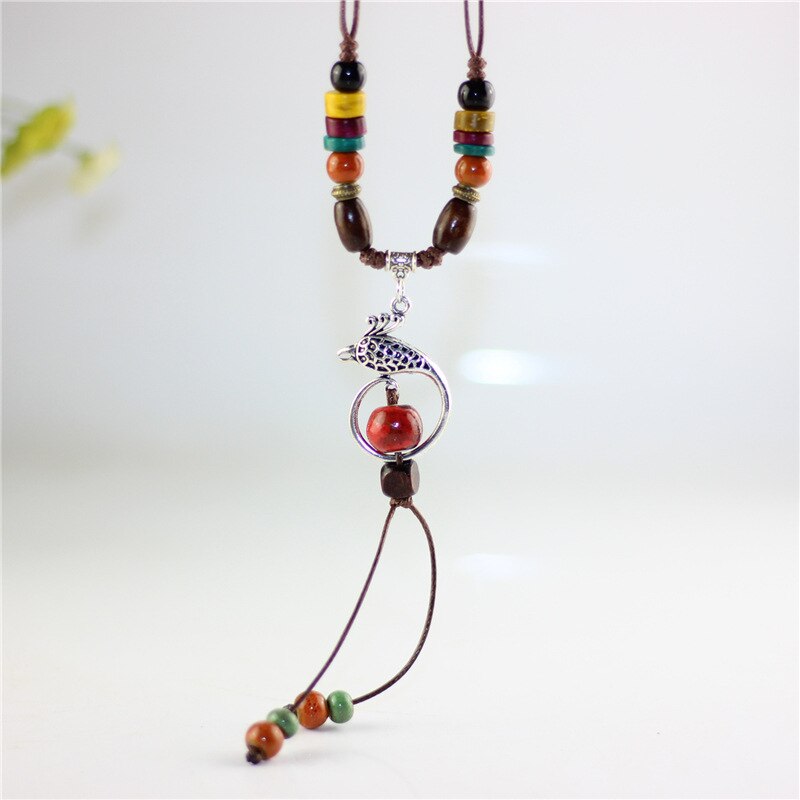 Long Tassel Necklace Ceramics Beads Pendants Vintage Jewelry Natural Stone Charm Statement Choker Pendant Sweater Chains Fashion