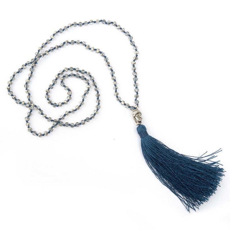 Long Tassel Neon Necklace Ancient Silver Alloy Buddha Head Pendant Faceted Glass Crystal Beard Chain Knot Women Jewelry 2C0297